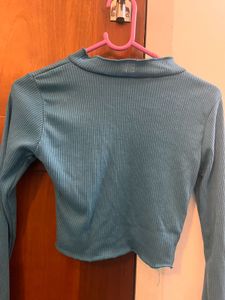 Teal Ribbed Full Sleeve Crop Top - XS