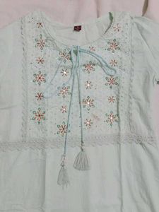 Mint Embroidered Blouse with Tassels