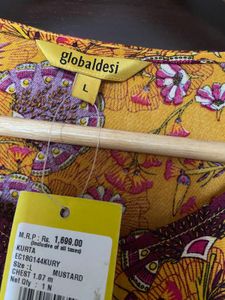 Printed Mustard Yellow Asymmetric Kurta (L)