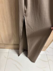 Collared Solid Slit Ribbed Brown Dress