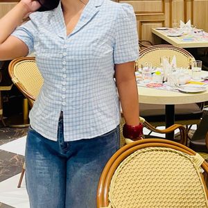 Blue Plaid Button-Down Top