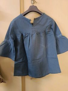 Blue Embroidered Ruffle Denim Top