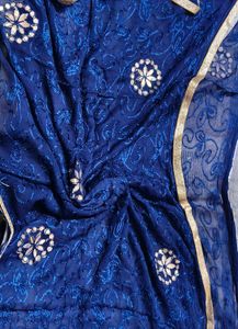 Women Blue Cotton Printed Embroidered Suit Set