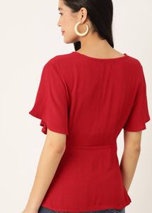 Red V-Neck Flutter Sleeve Top