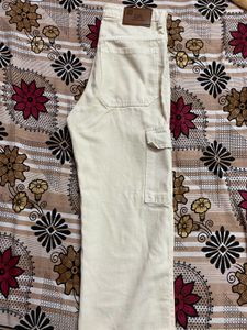 Cream Cargo Wide Leg Jeans