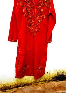 Handwork Chikenkari Red Embroidered Kurta