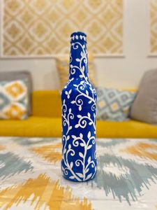 Handpainted Blue Floral Glass Bottle Vase