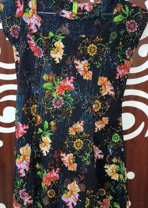 Blue Colour Floral Design Knee Length Top For Wome