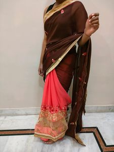 Pretty Pink And Burgundy Saree With Net Pattern