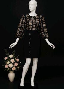 Patterned Blouse & Black Skirt Set
