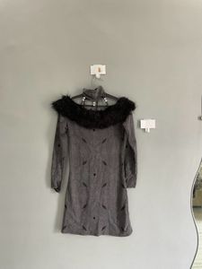 Gray Mini Dress with Faux Fur Collar