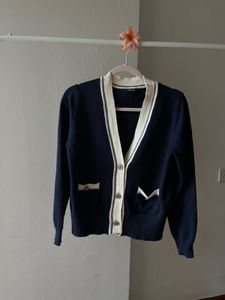 Navy Blue V neck Buttoned Cardigan