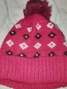 Red Patterned Knit Beanie with Pom