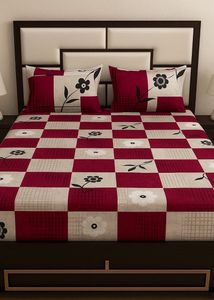 Red & Beige Floral Checkered Double Bedsheet Set