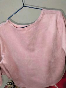 Pink Eyelet Sleeve Crop Top Velvet Like New
