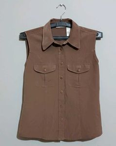Brown Sleeveless Button-Down Top
