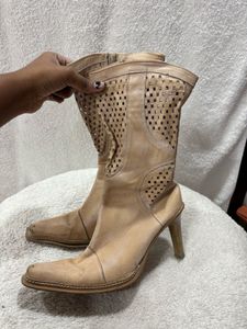beige Leather Heel Boots