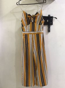 Bow Mustard Yellow Striped Jumpsuit Pant