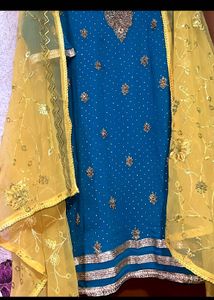 Teal Stone-work Party Wear Kurta &amp; Dupatta