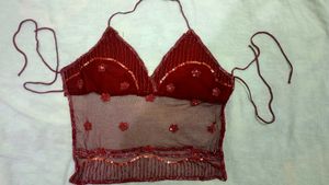 Red Sequined Backless Crop Top