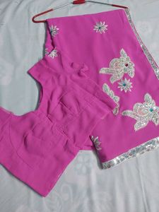 Pink Saree With Stiched Blouse