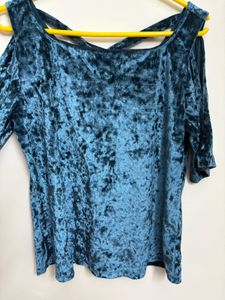 Latin Quarter- Teal Velvet Cold Shoulder Top