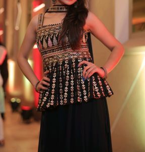 Navy Blue &amp; Gold Embroidered Sharara Dress