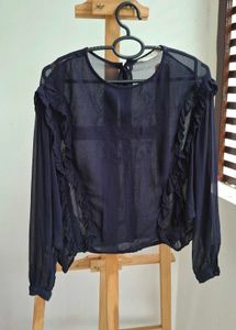 ZARA Navy Ruffle Trim Sheer Blouse