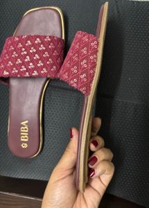 Biba (New) Maroon Embellished Open Toe Flats