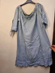 Off Shoulder Blue Dress With Tie Up Sleeves !