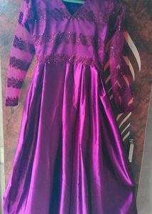 “Elegant Purple Silk Gown with Lace Sleeves