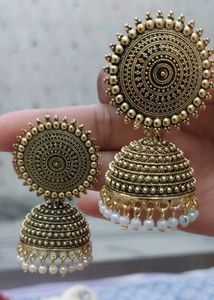 Dome Shaped Golden Oxidised Alloy Jhumka Earrings❤