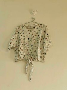 White Printed Tie-Up Top