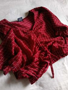 Cherry Red Checkered Drawstring Crop Top