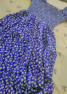 Blue Floral Print Smocked Dress
