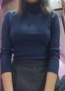 Hi-Neck Ribbed Top (Navy Blue)