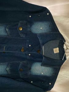 Navy Blue Denim Jacket With Pearl Design