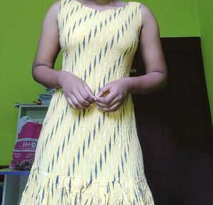 Golden-Yellow Mini Maxi Dress with Blue Stripes –
