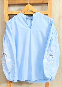 Blue Embroidered Sleeve Top Size-42