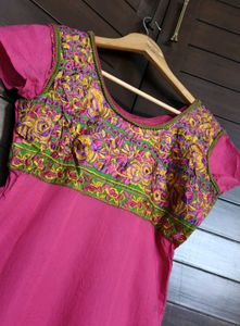 Women Pink Embroidered Cotton Mix Kurta
