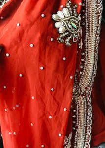 Red Georgette Saree Beads And Seep Work