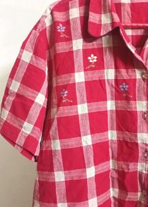 Red Cotton Check Shirt With Embroidery