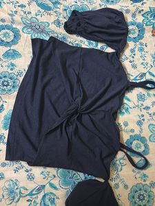 Navy Blue Bardot Crop Top with Bow | Sleeveless |