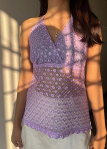y2k backless Lavender Floral Halter Top