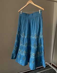 Linen Blue Embroidered A-Line Skirt