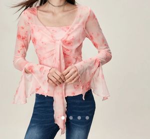 Chic Sheer Pink Floral Flared Sleeve Top