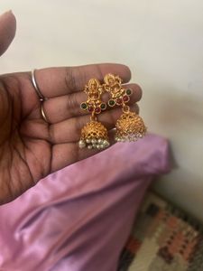 Golden Jhumka With Red Stone