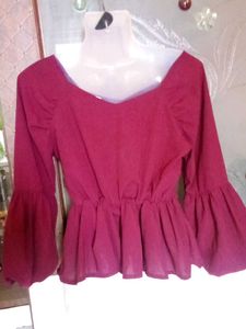 Maroon Bell Sleeve Belted Top