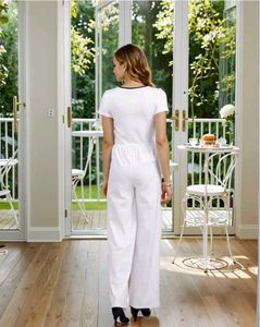 White Contrast Trim Tie-Up Ribbed Jumpsuit