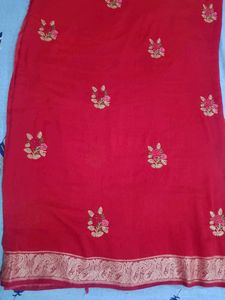 Red Worked Saree With Stitched Blouse